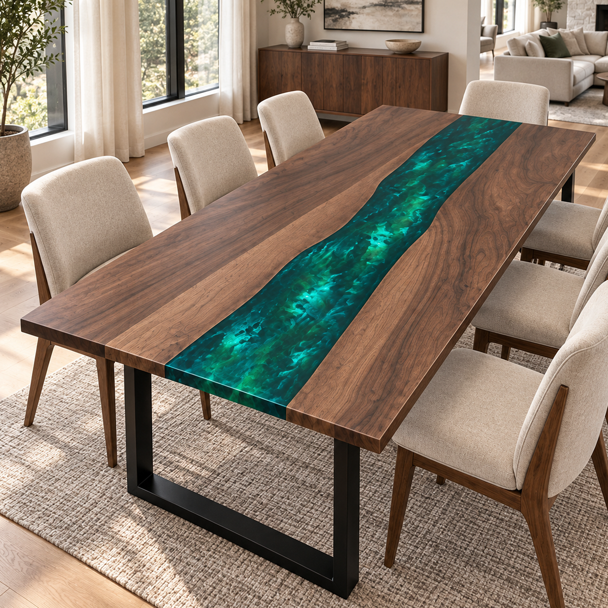 Black Walnut Wood Epoxy Resin Dining Table with Deep Green River Art