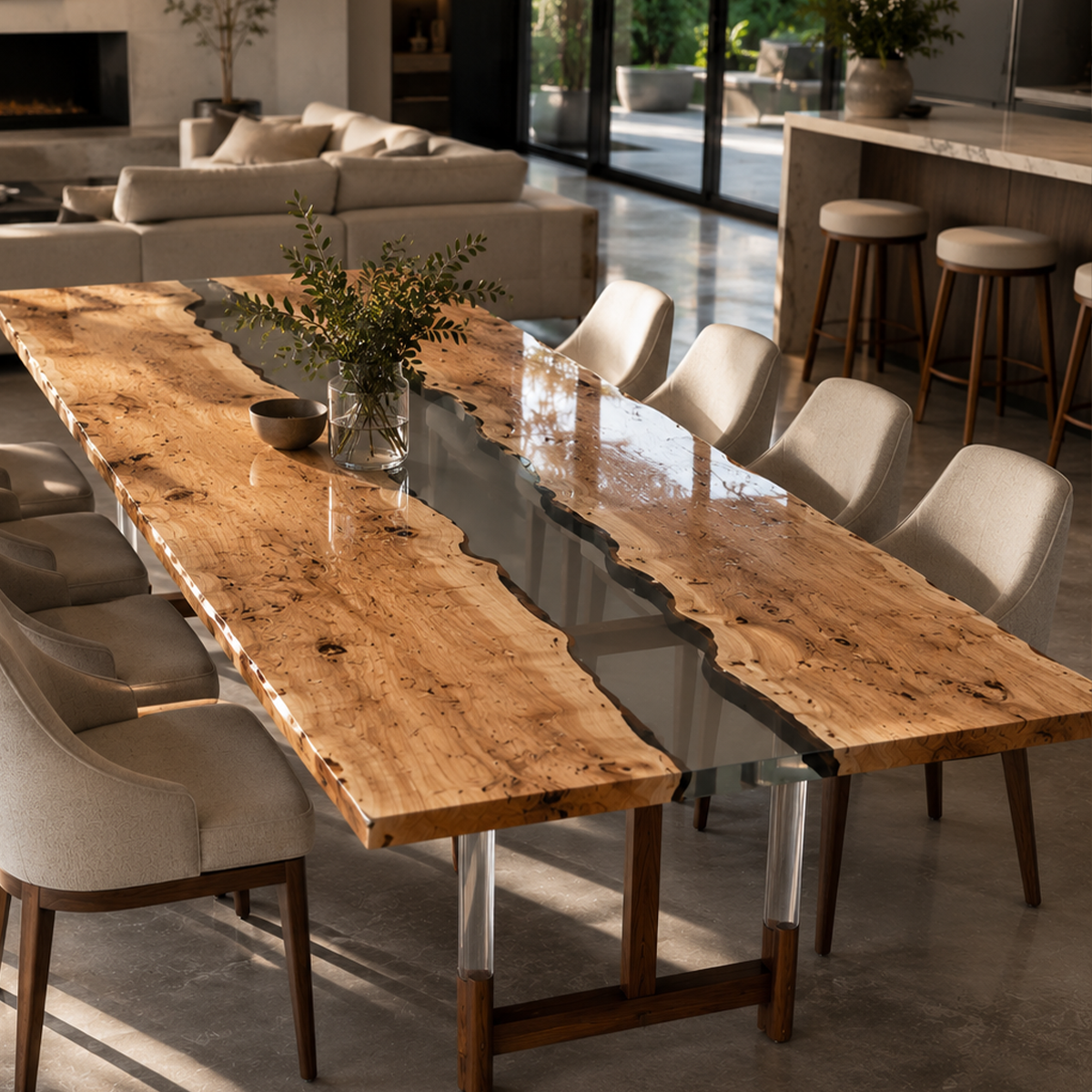 Olive Wood Rectangle Clear Epoxy Resin Dining Table