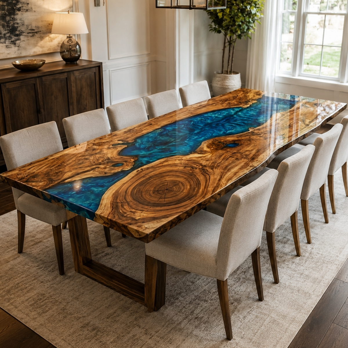 Custom Olive Wood Epoxy River Dining Table