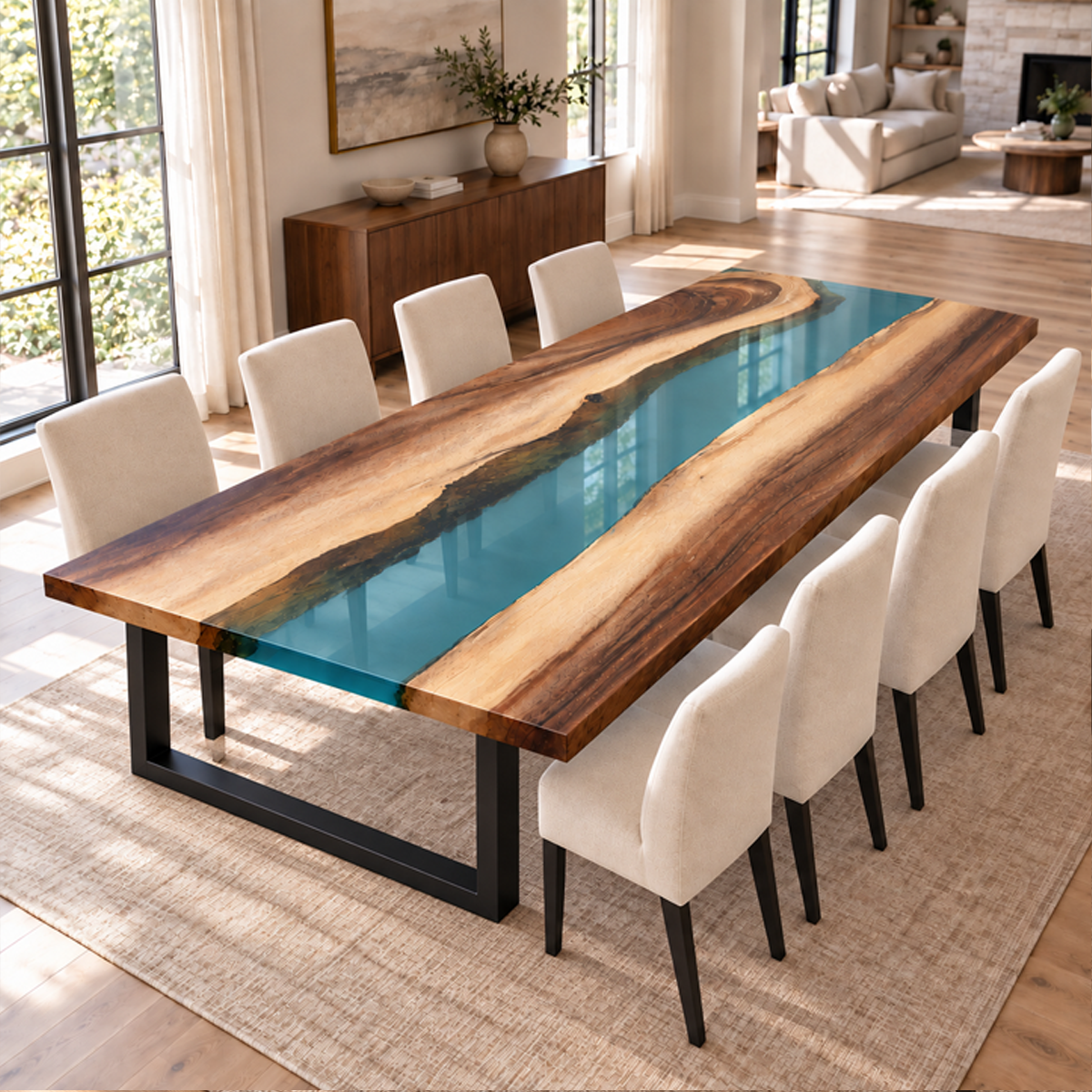 Walnut Wood Dining Table with a Transparent Teal Epoxy River and Natural Wood Contours