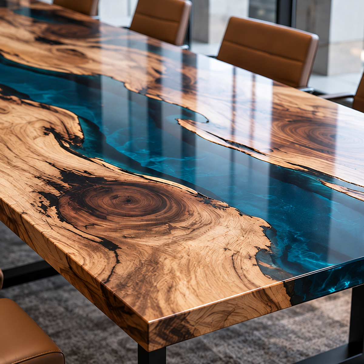 Rectangular Walnut Wood Conference Table with Transparent Blue Resin