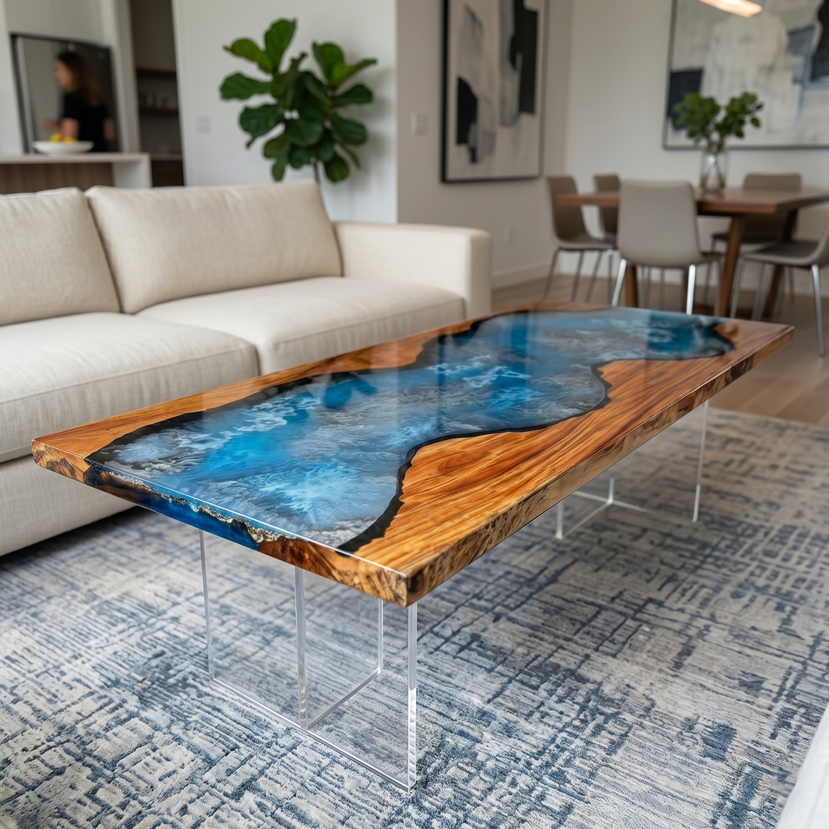 Walnut Wood Blue Lagoon Epoxy Resin Coffee Table