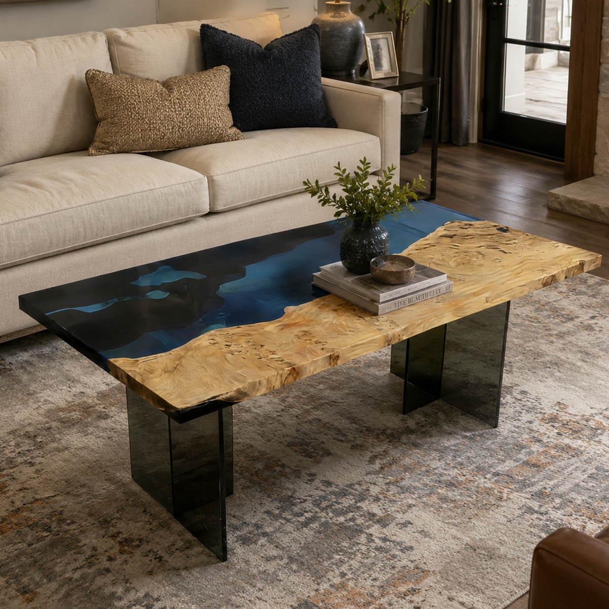 Poplar Wood Lake Scene Rectangle Resin Coffee Table