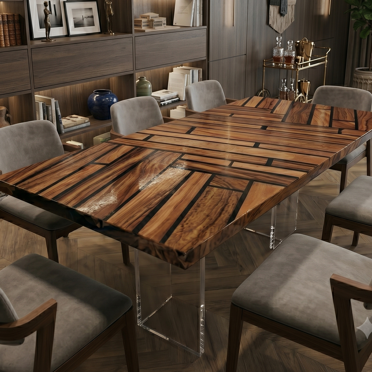 Black Walnut Wood Geometric Parquet Wood Epoxy Resin Dining Table