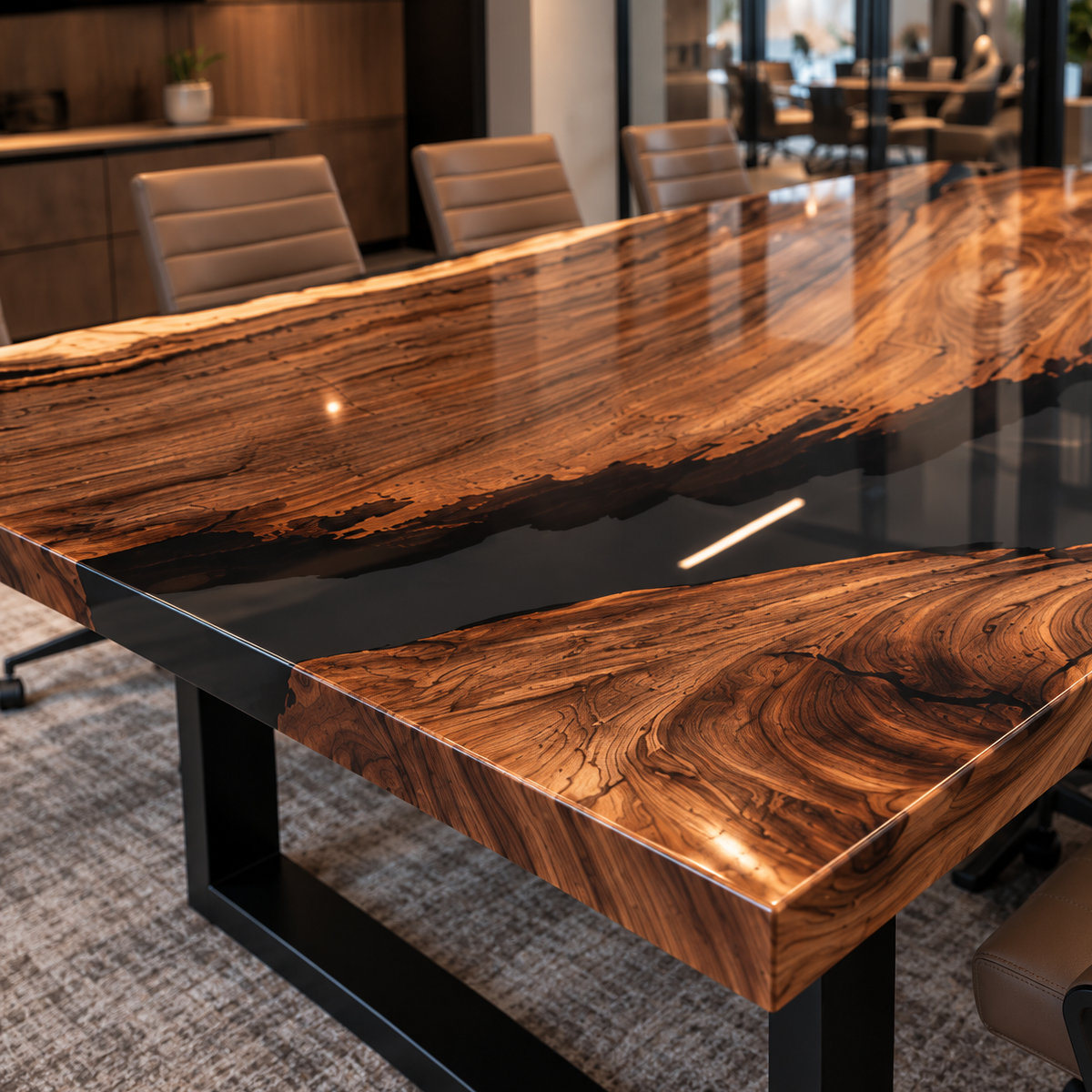 Walnut Wood Conference Table with Transparent Black Epoxy for Executive Boardrooms