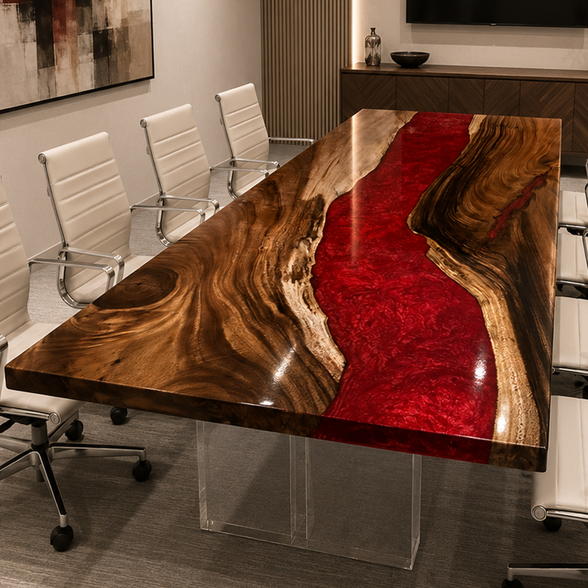Black Walnut Wood Red River Epoxy Resin Conference Table