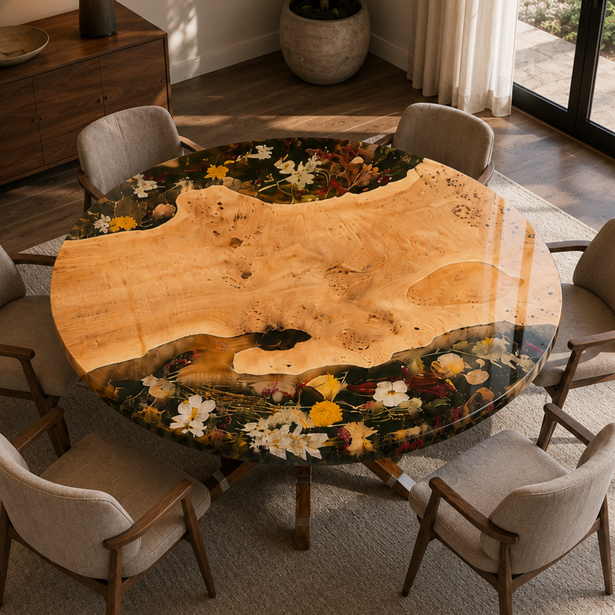 Poplar Wood Flower Round Resin Table