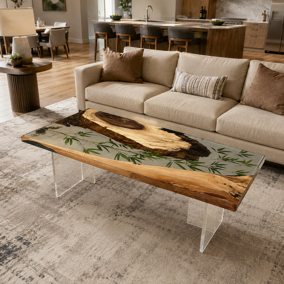 Bamboo Inlay Walnut Wood Epoxy Resin Coffee Table