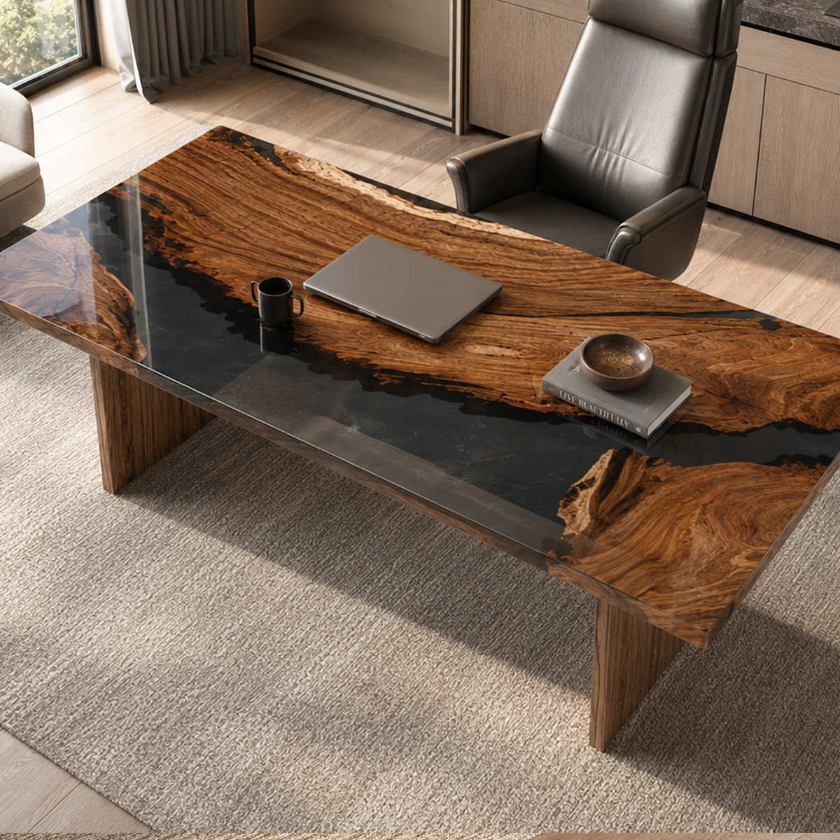 Black Walnut Wood Rectangle Epoxy Resin Conference Table