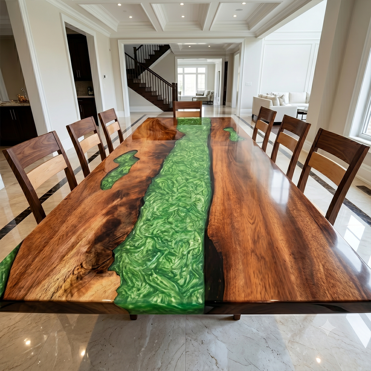 Walnut Wood Green Epoxy River Dining Table