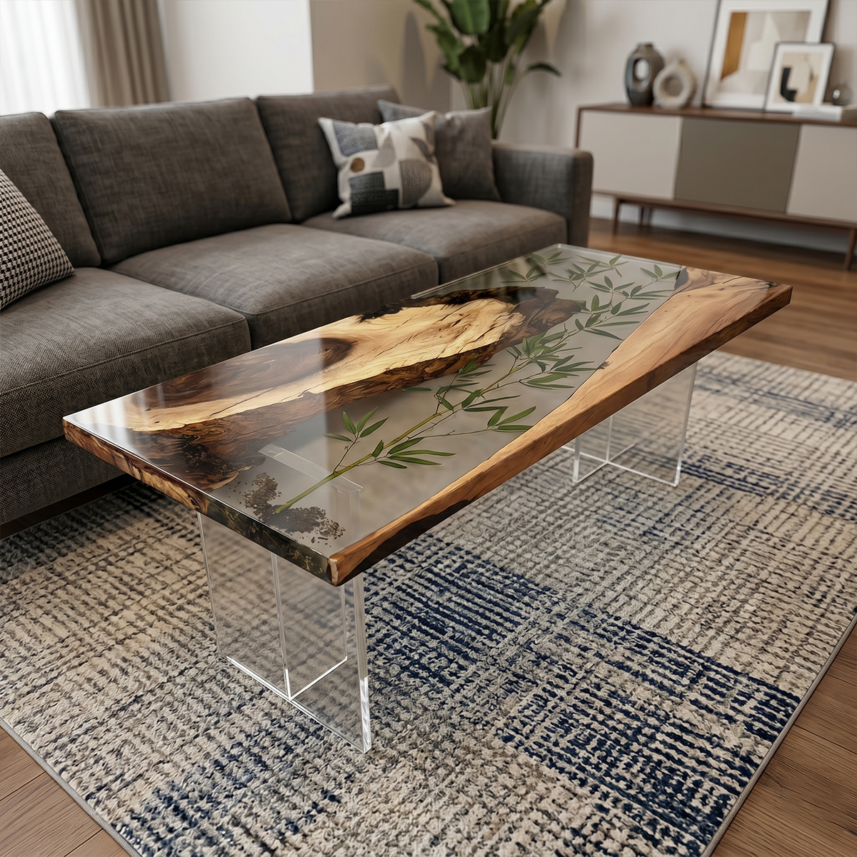 Bamboo Inlay Walnut Wood Epoxy Resin Coffee Table