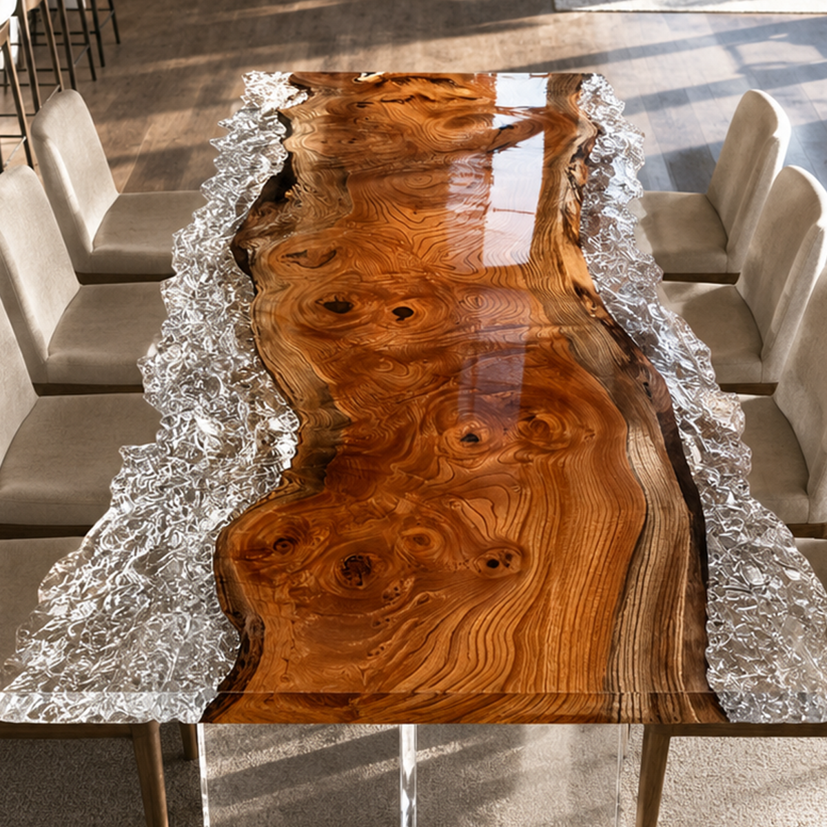 Olive Burl Wood Silver Metallic Epoxy Live Edge Dining Table
