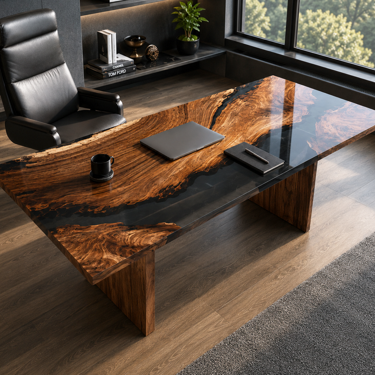 Black Walnut Wood Rectangle Epoxy Resin Conference Table