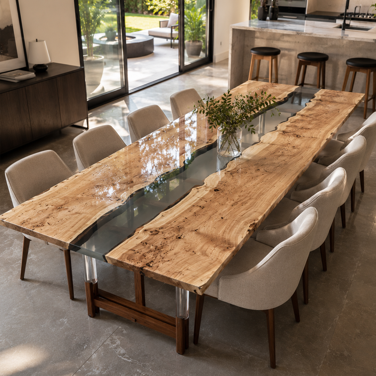 Olive Wood Rectangle Clear Epoxy Resin Dining Table