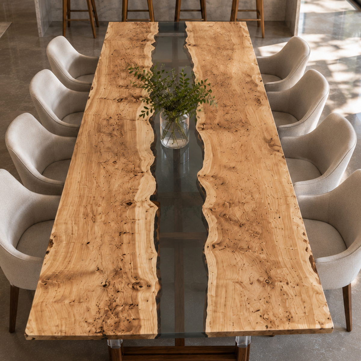 Olive Wood Rectangle Clear Epoxy Resin Dining Table