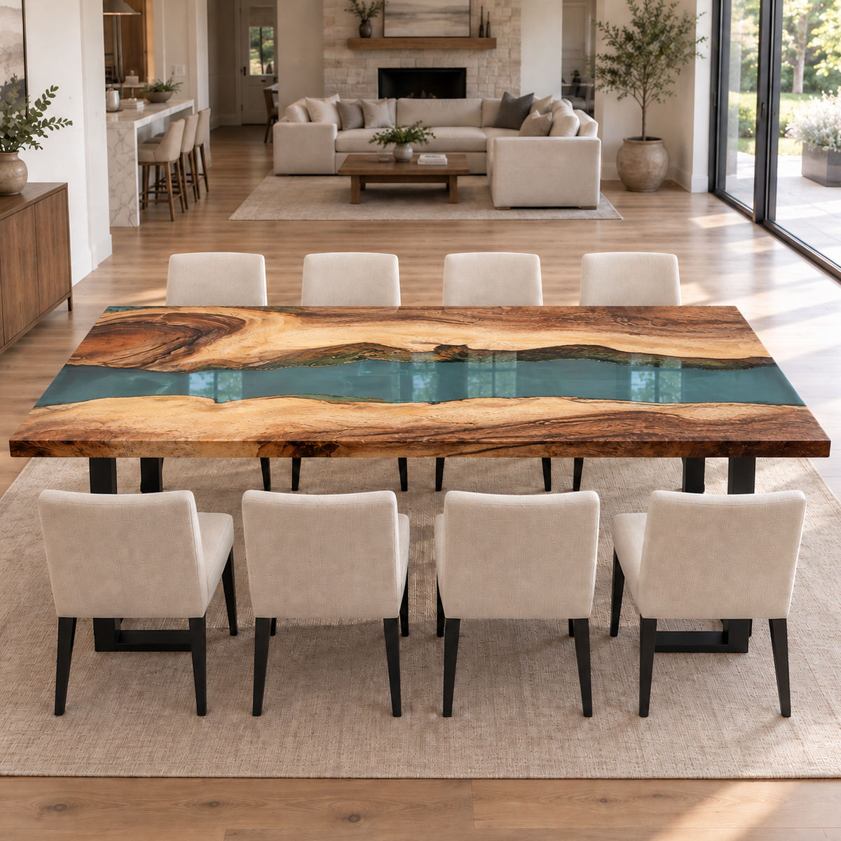 Walnut Wood Dining Table with a Transparent Teal Epoxy River and Natural Wood Contours