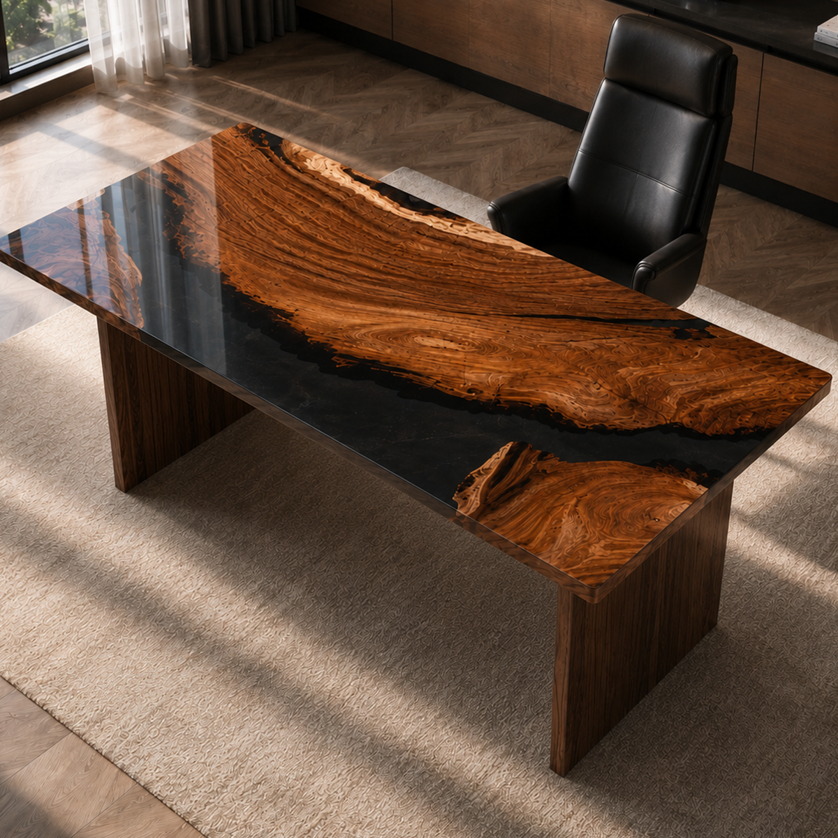 Black Walnut Wood Rectangle Epoxy Resin Conference Table