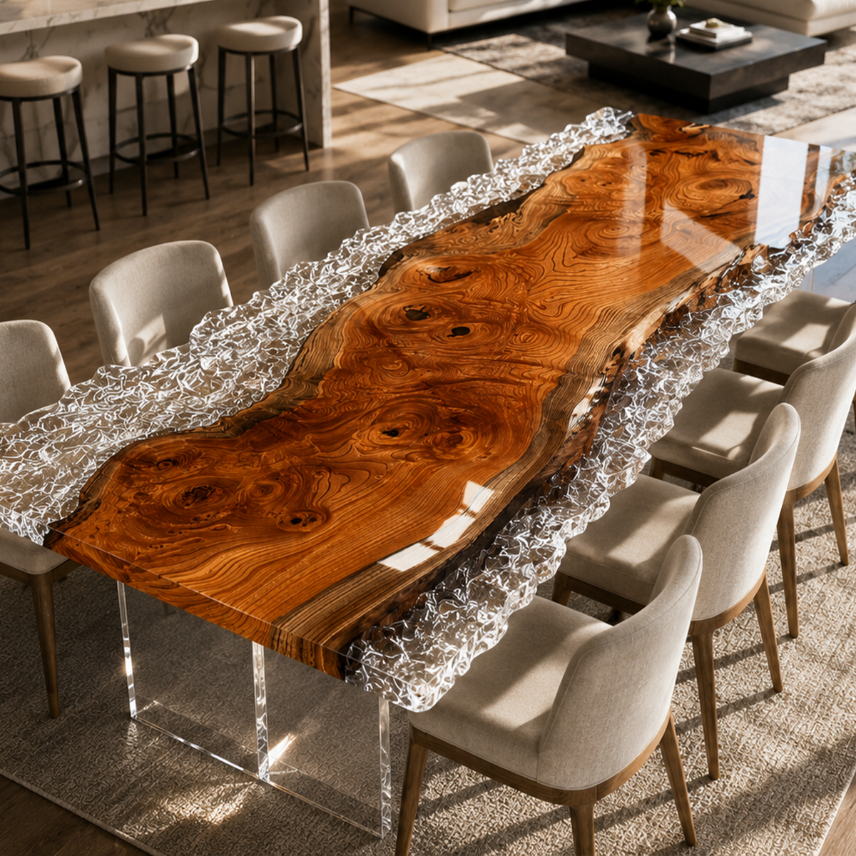 Olive Burl Wood Silver Metallic Epoxy Live Edge Dining Table
