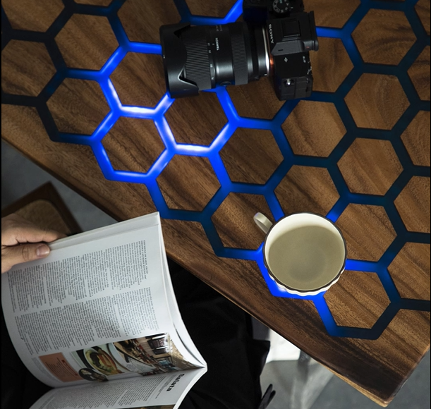 Hexagonal Walnut Wood LED Resin Coffee Table