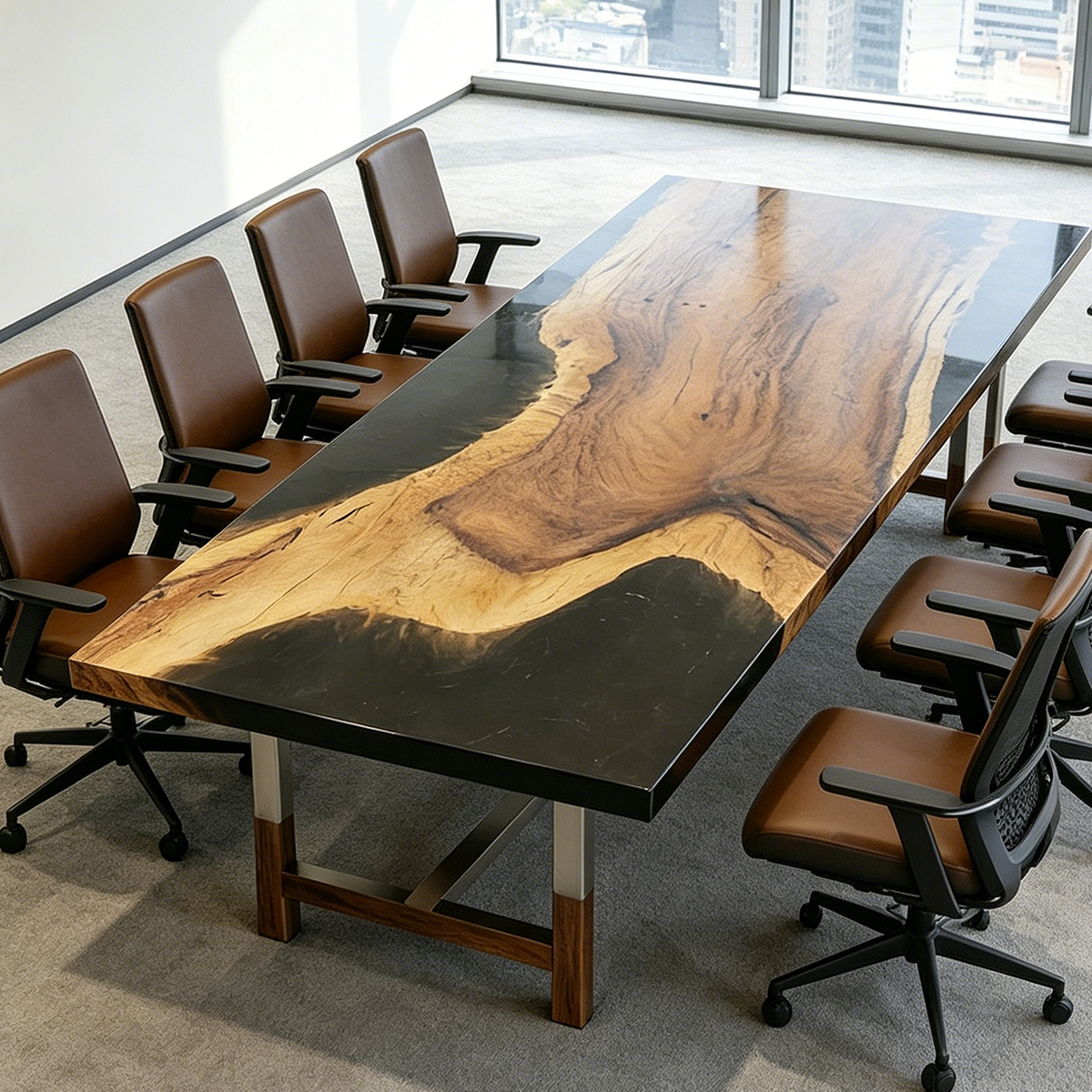 Walnut Wood Black River Rectangle Resin Conference Table