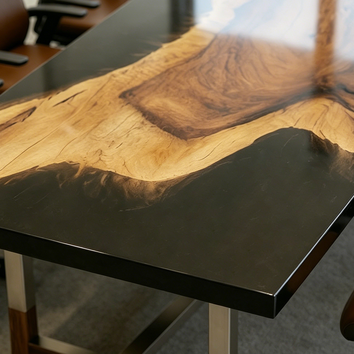 Walnut Wood Black River Rectangle Resin Conference Table