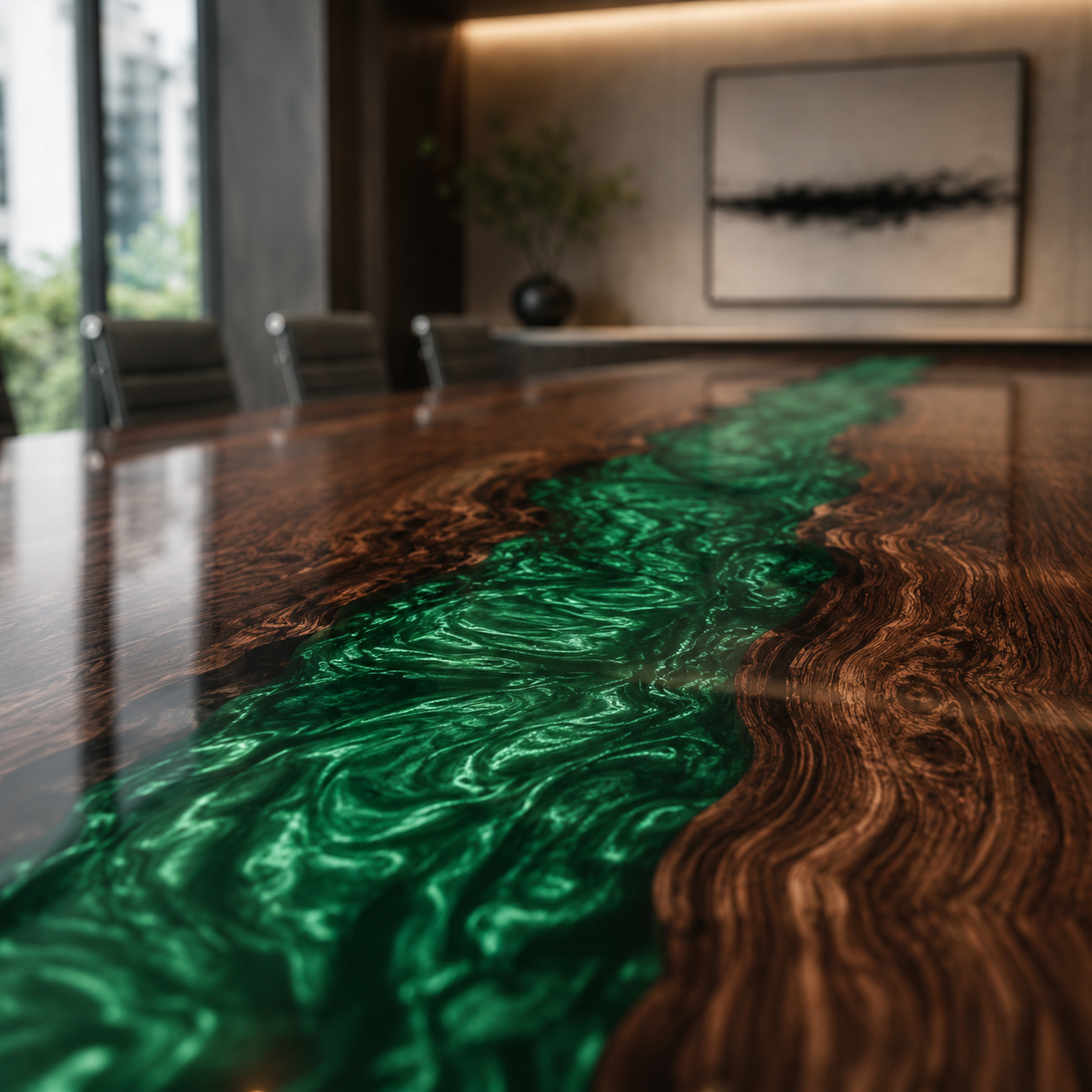 Black Walnut with Swirl Green Epoxy Resin Conference Table