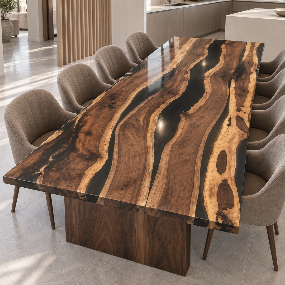 Angled view along a black walnut dining table with winding black epoxy resin rivers and sunlight across a pale tiled floor.