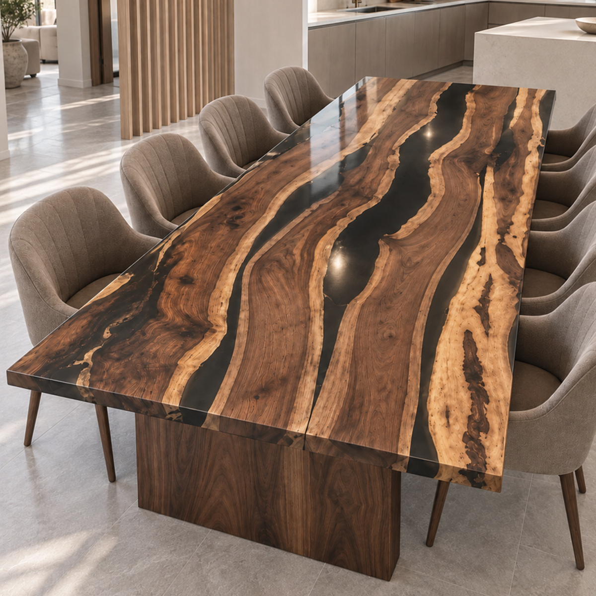 Diagonal view of a black walnut epoxy resin river dining table, showing the broad tabletop, wood panel legs and taupe chairs.