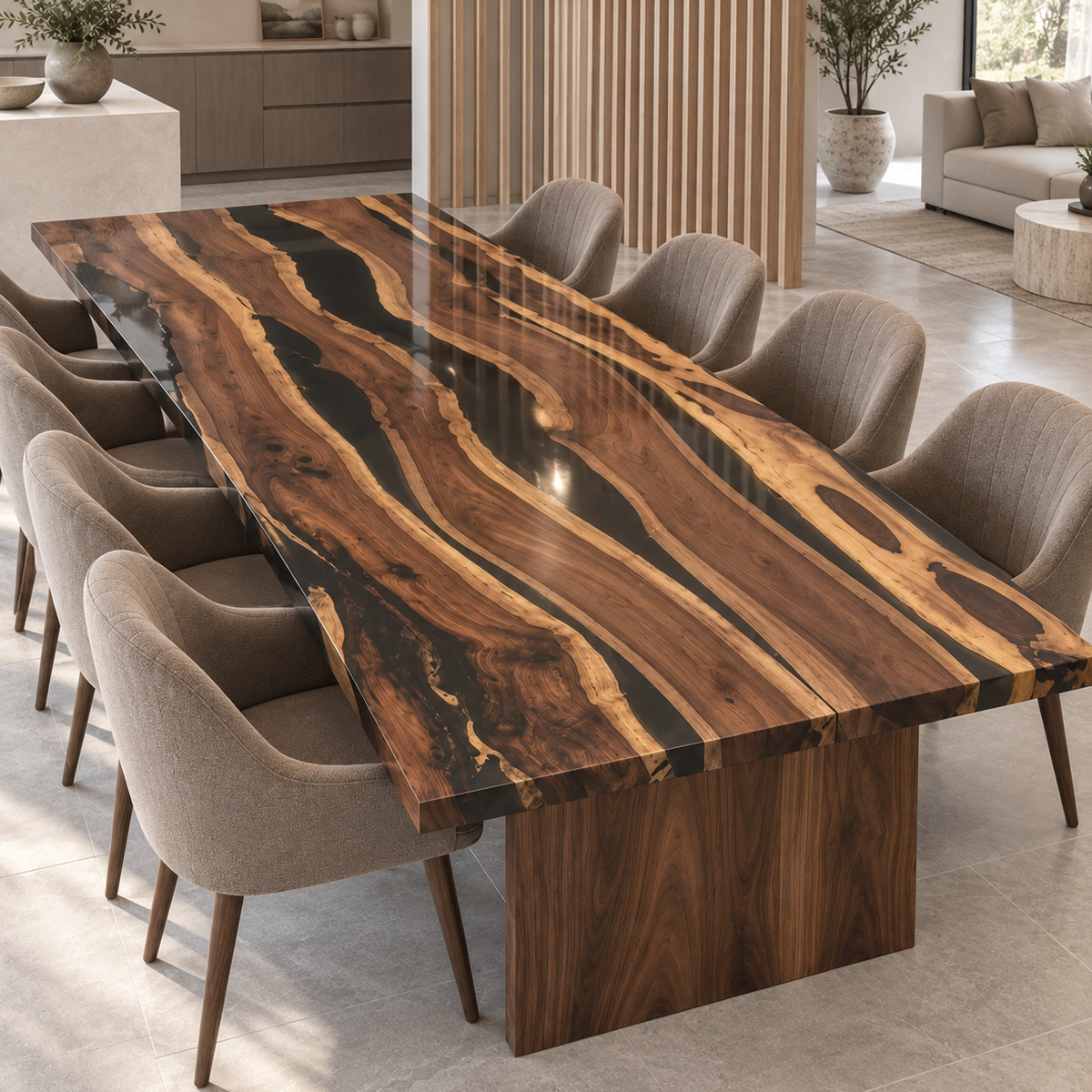 Black walnut dining table with black epoxy resin channels and golden wood edges, shown beside a wood slat divider and lounge.