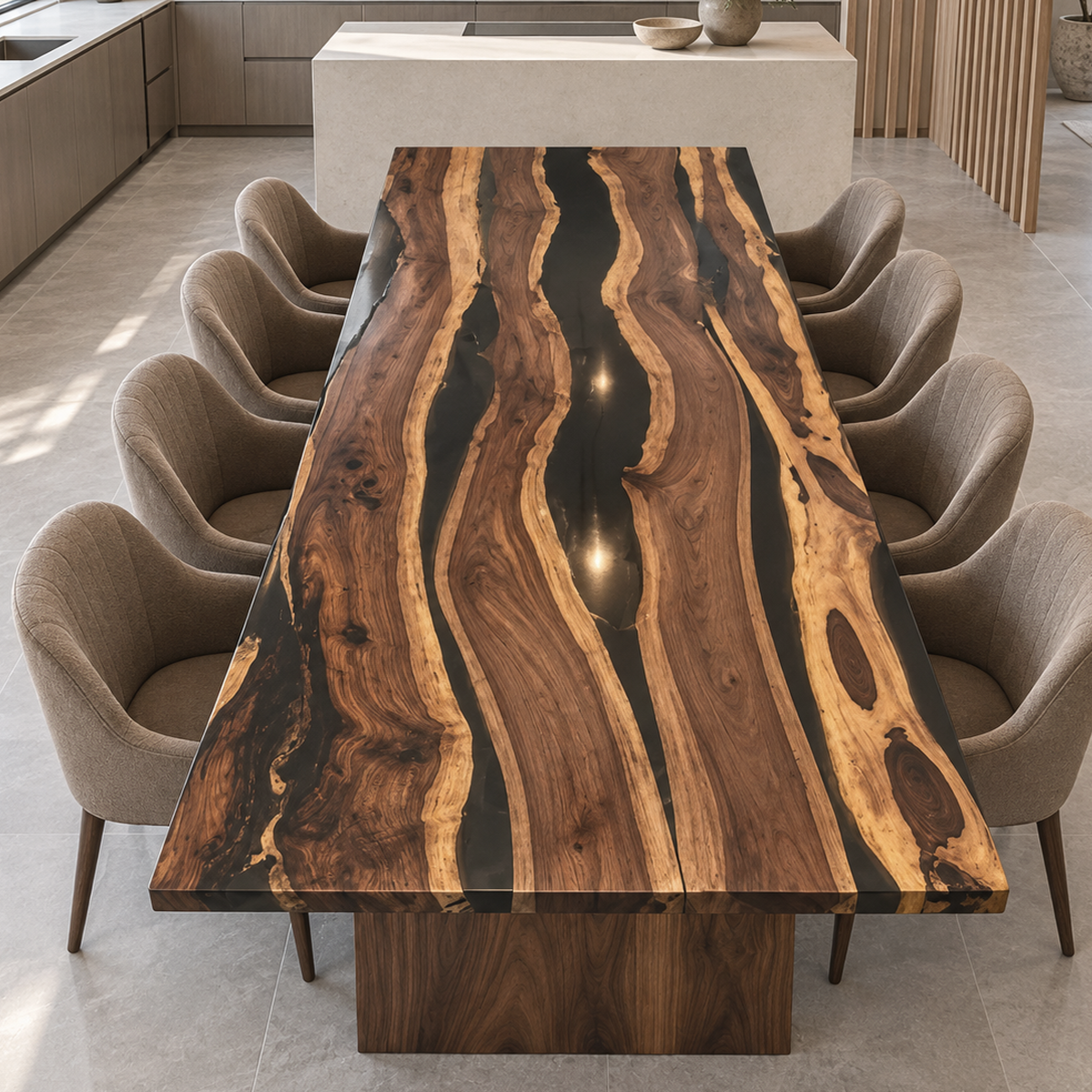 Elevated end view of a black walnut dining table with black epoxy resin rivers, golden wood edges and taupe upholstered chairs.