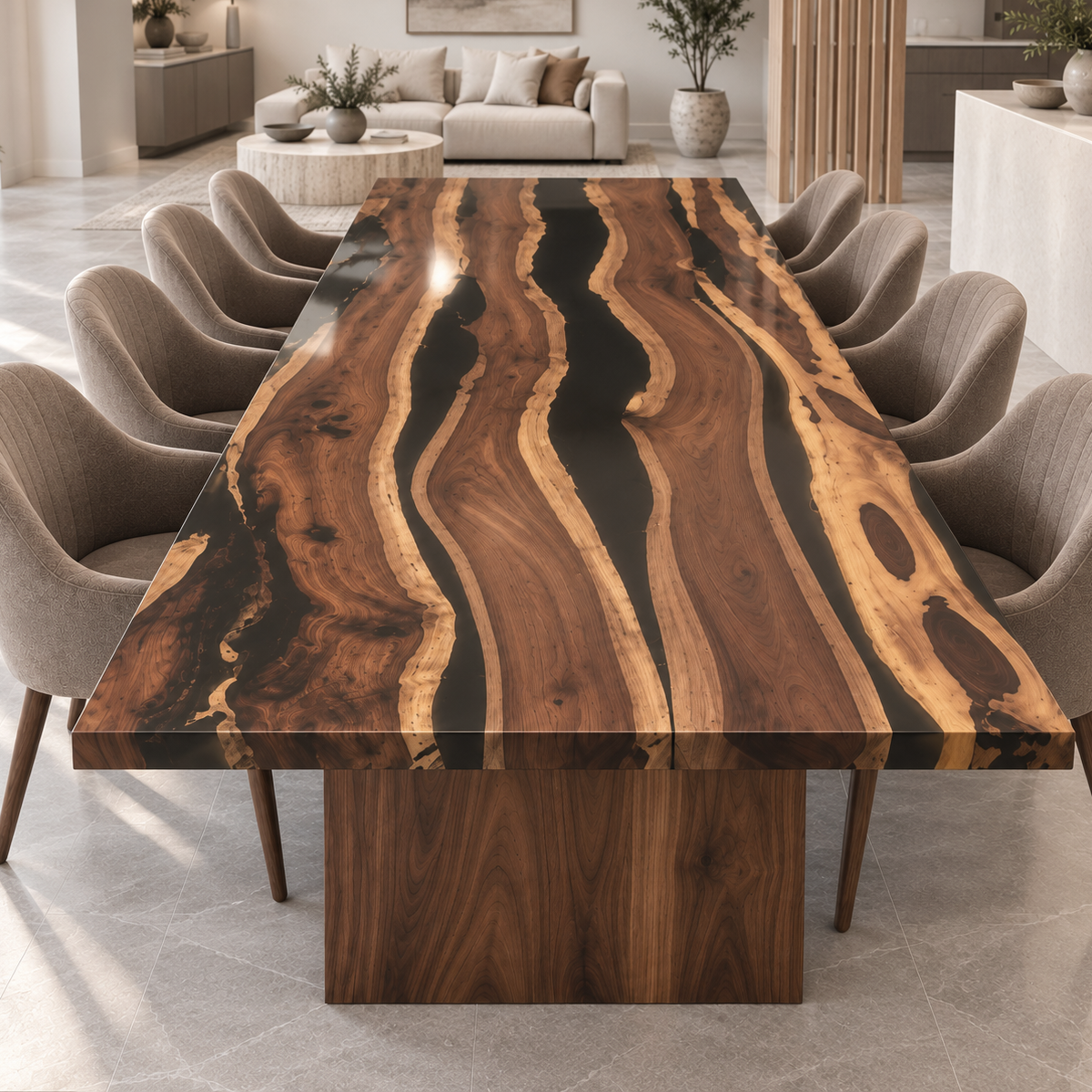 End view of a black walnut epoxy resin dining table with flowing black rivers, upholstered chairs and a sofa in the background.
