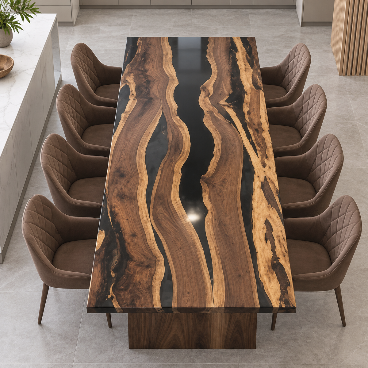 High angle view of black epoxy resin rivers between black walnut sections, with brown quilted dining chairs along both sides.