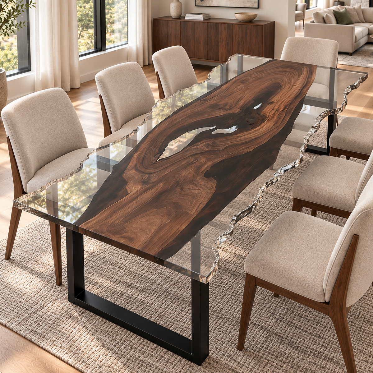 Black walnut dining table with clear epoxy resin surrounding an irregular wood slab and filling its natural openings