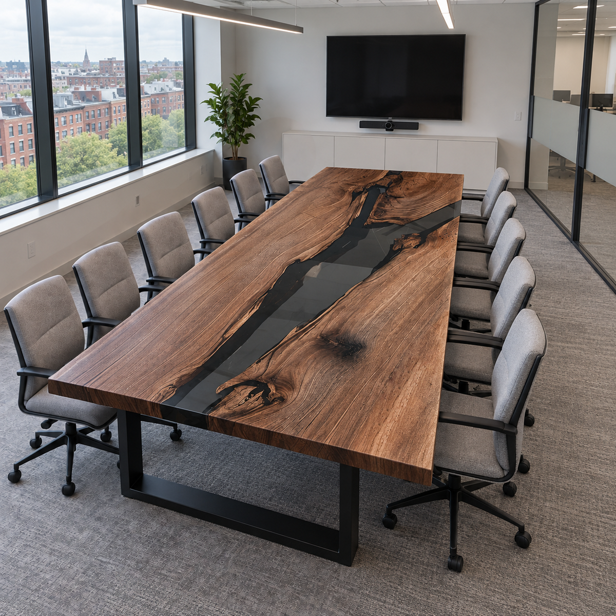 Black walnut conference table with a transparent black epoxy river between long wood sections featuring dark knots and flowing grain