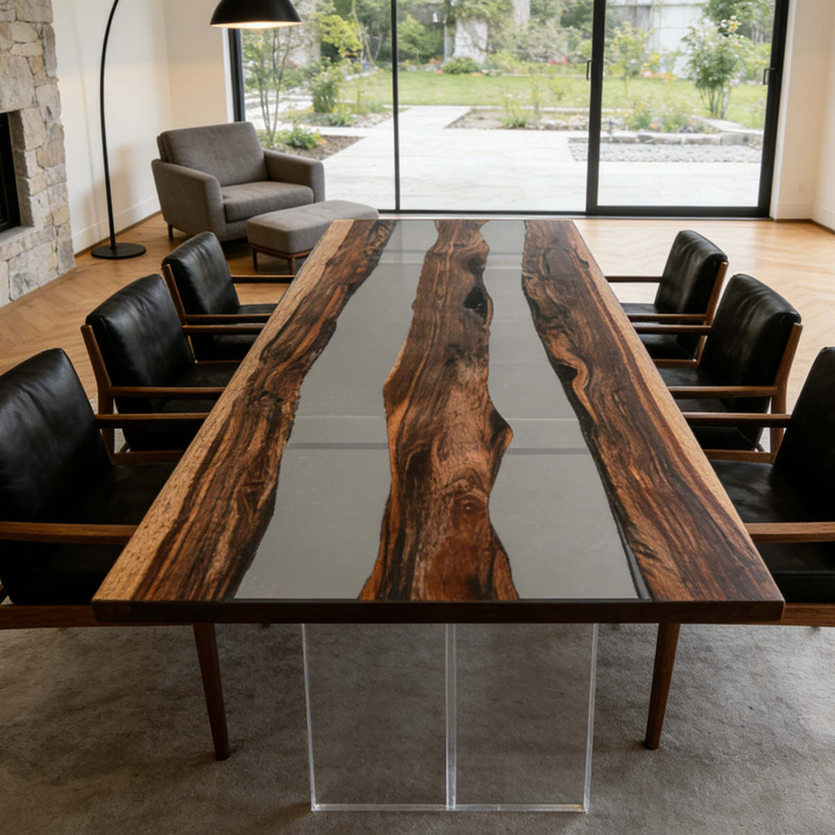 End view of a black walnut and transparent black resin dining table with clear legs and black upholstered chairs by a window.