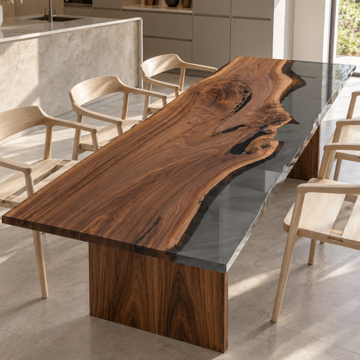 Angled view of a black walnut epoxy resin dining table with an uneven resin edge, wood panel legs and light wood armchairs.