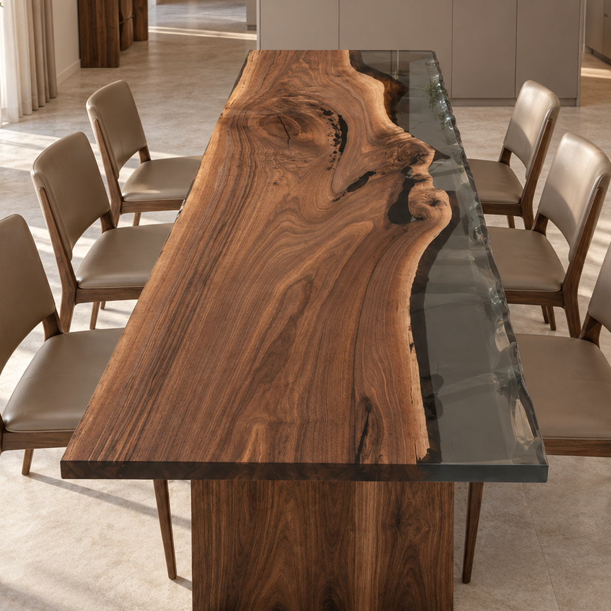 Elevated end view of a black walnut dining table with a smoky epoxy resin border along one side and brown dining chairs.