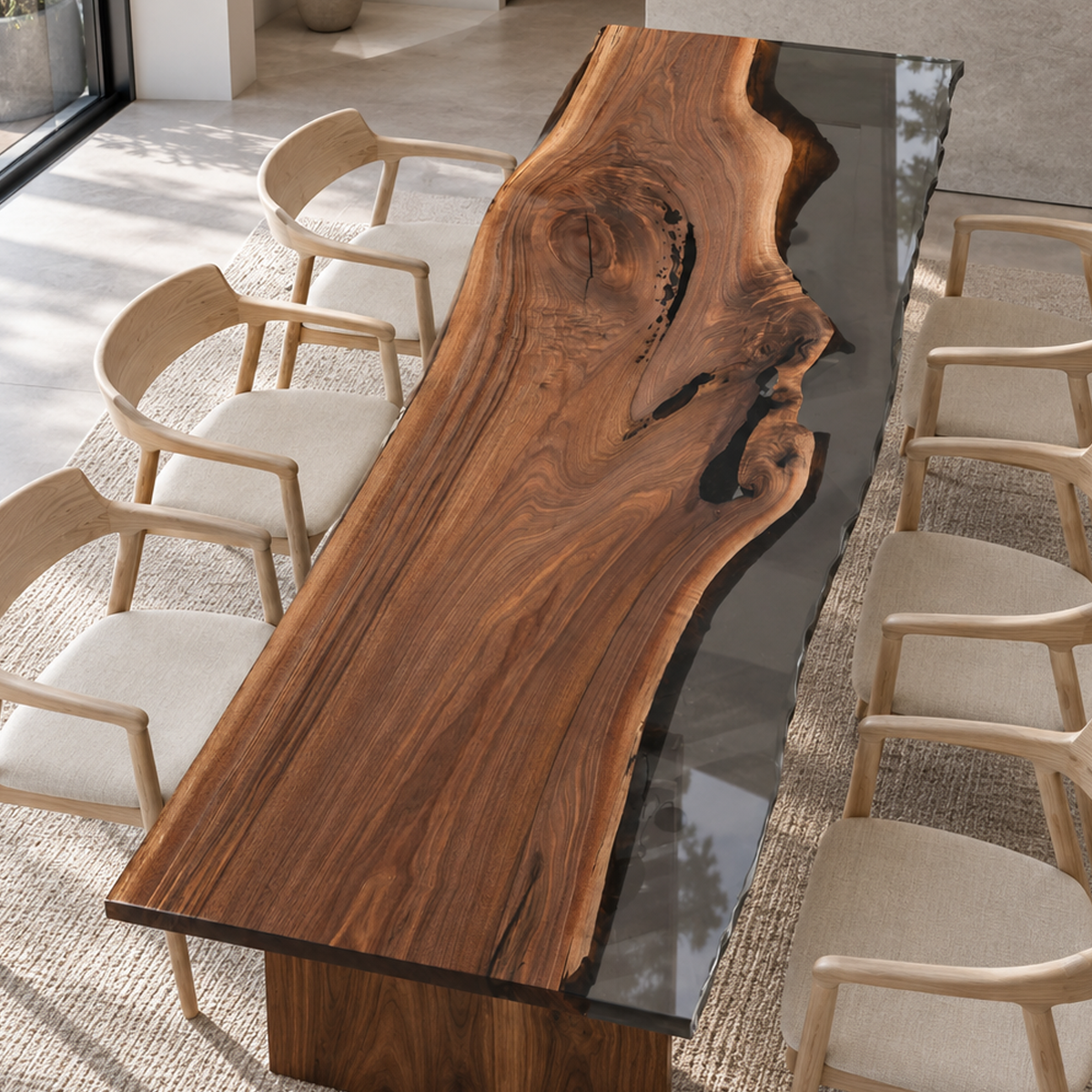 Elevated view of a black walnut dining table with a narrow smoky epoxy resin edge, light wood armchairs and a woven rug.