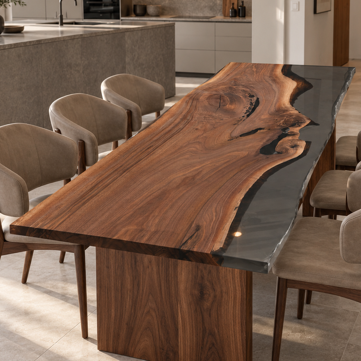 Angled end view of a black walnut dining table, showing a smoky epoxy resin edge and wood panel base beside taupe chairs.