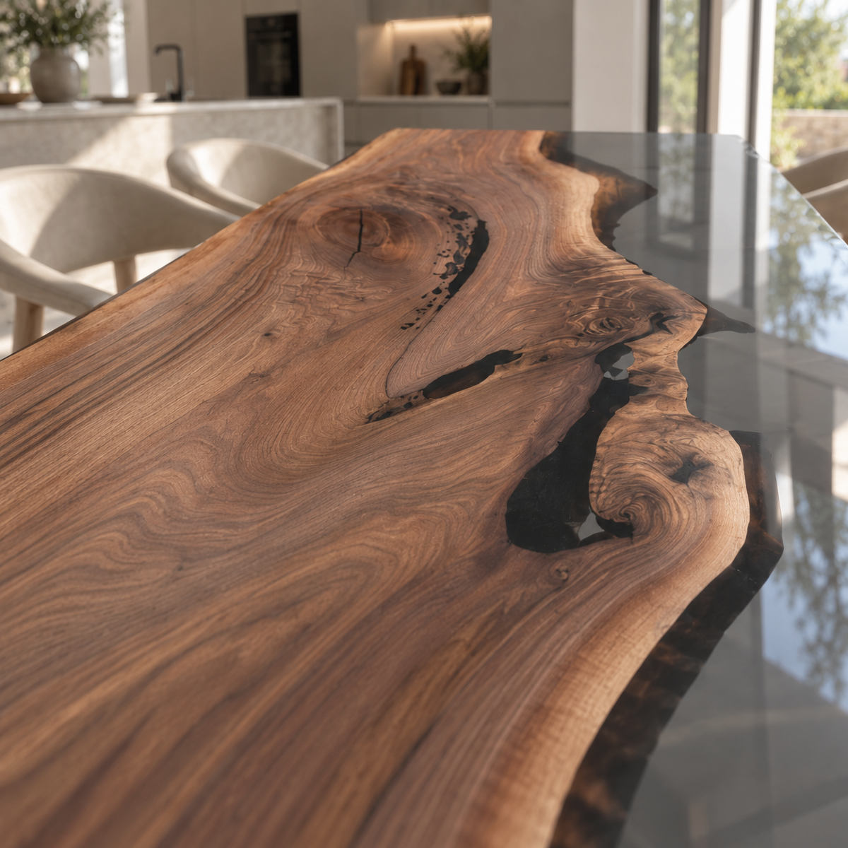 Close-up along a black walnut dining tabletop, showing flowing grain, dark knots and a smoky epoxy resin border on one side.