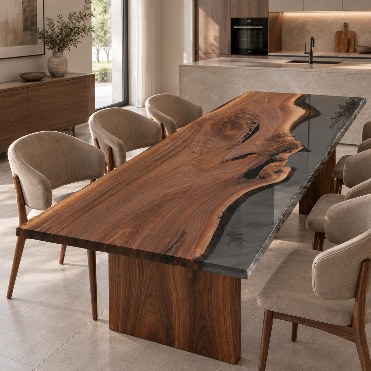 Black walnut dining table with a smoky epoxy resin edge, taupe upholstered chairs and a stone island in an open kitchen.
