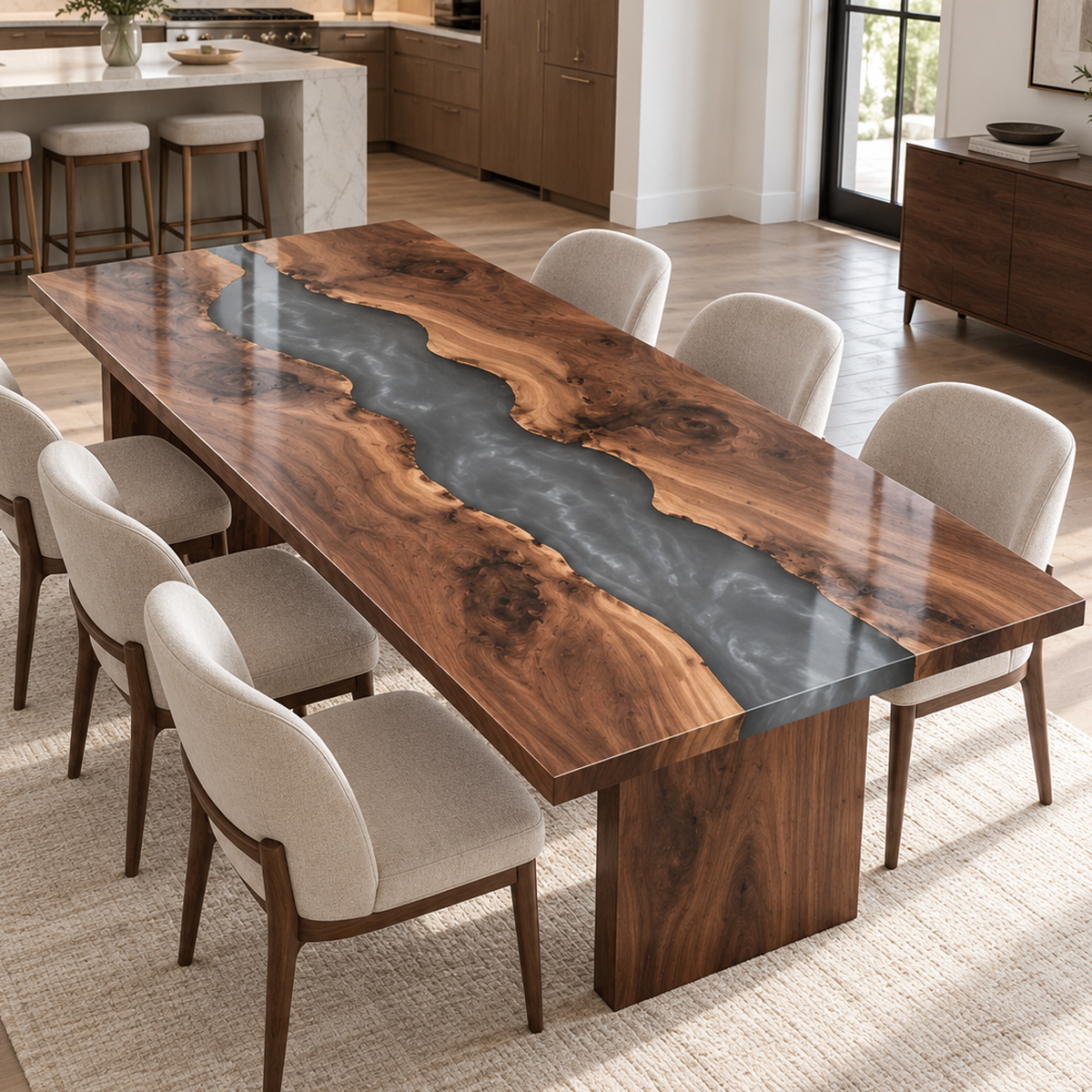 Angled view of a black walnut smoky gray epoxy resin dining table with wood panel legs and cream chairs beside an open kitchen.