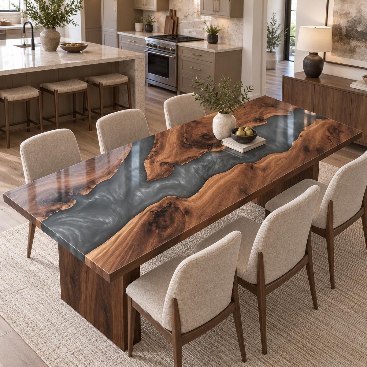 Black walnut dining table with a smoky gray epoxy resin river and cream upholstered chairs in a bright kitchen dining area.
