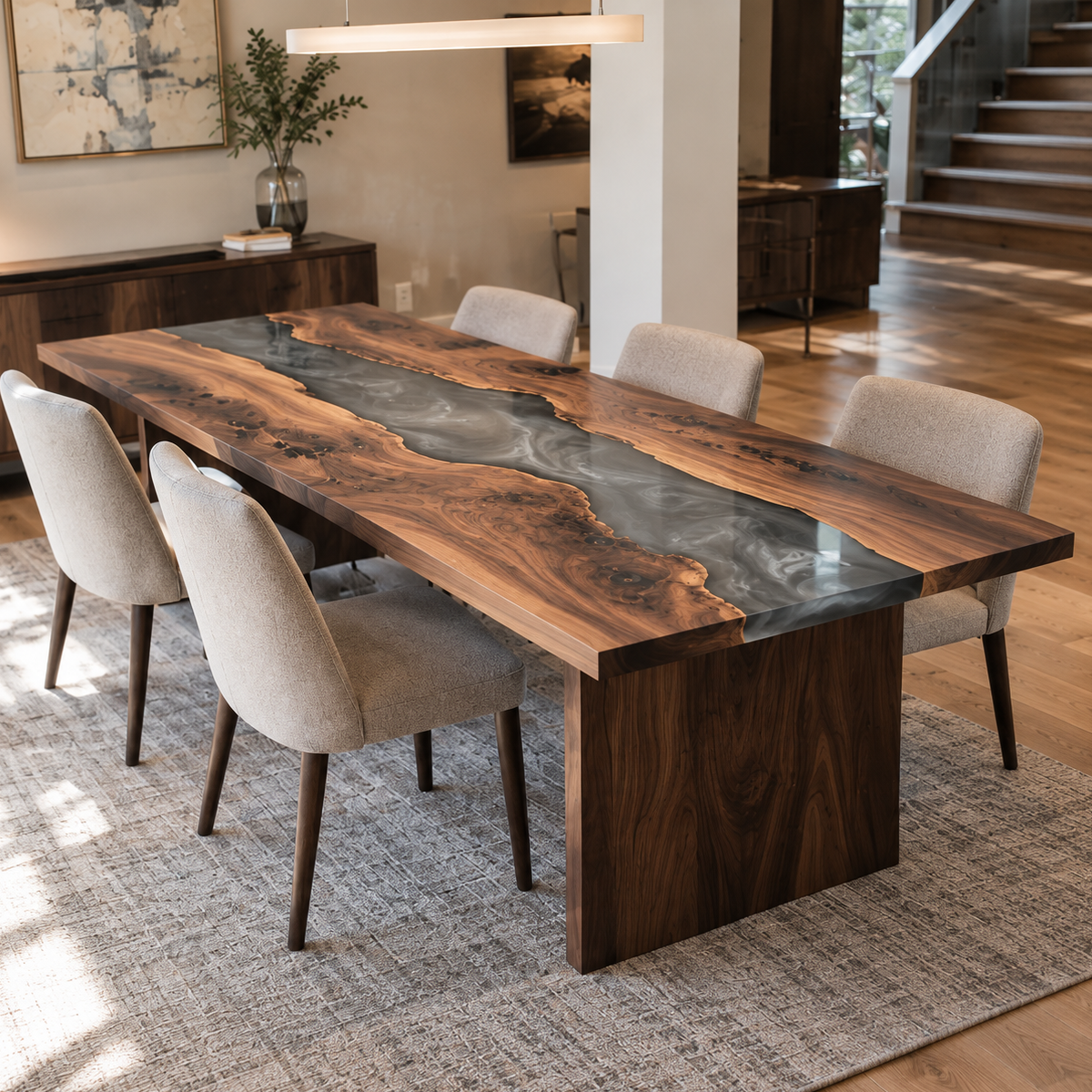 Black walnut smoky gray epoxy resin dining table with wood panel legs, upholstered chairs and a pendant light in a dining room.