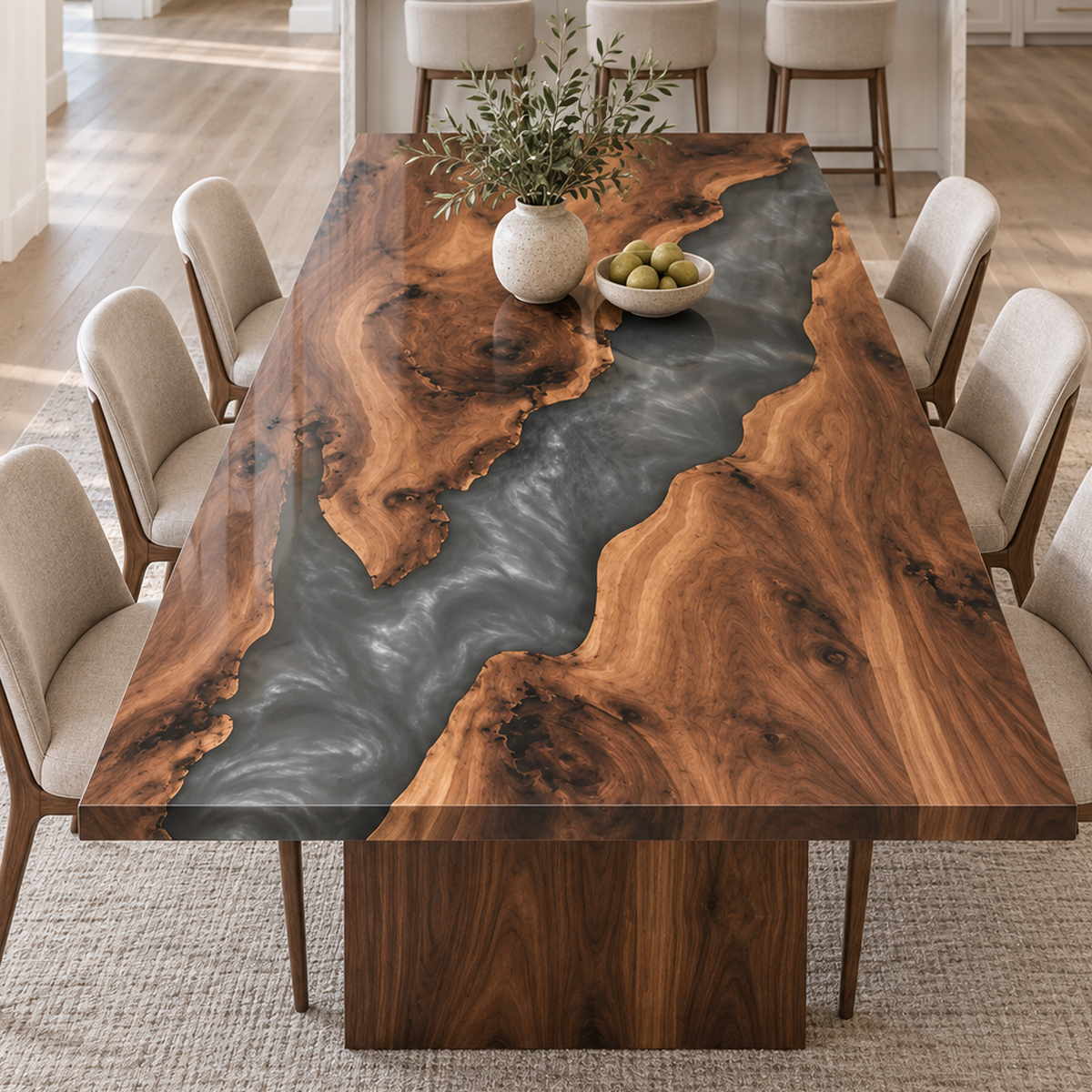 Elevated end view of a black walnut dining table with a smoky gray epoxy resin river, cream chairs and a vase centerpiece.