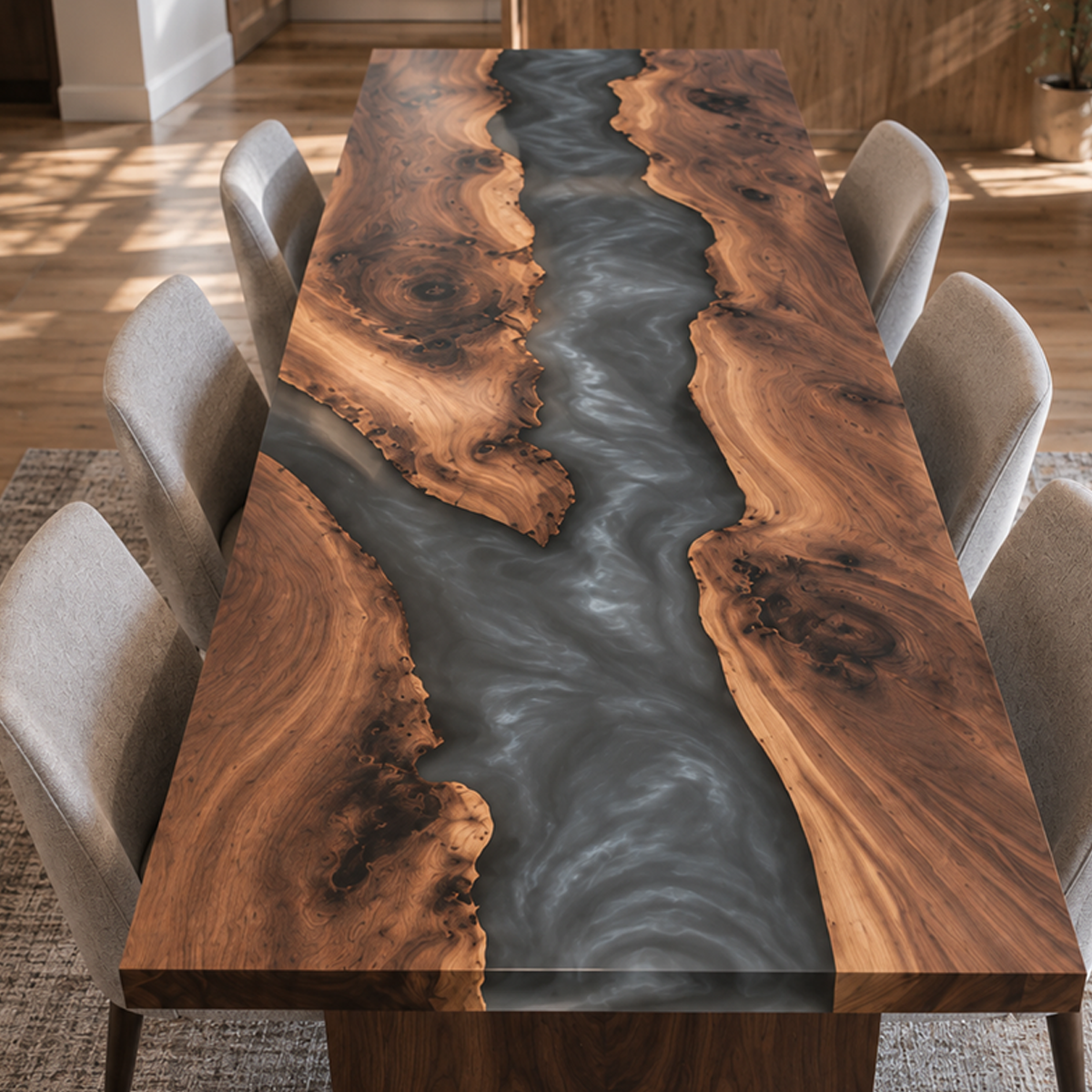 Elevated view showing the winding gray epoxy resin river, silver swirls and figured black walnut grain of the dining tabletop.