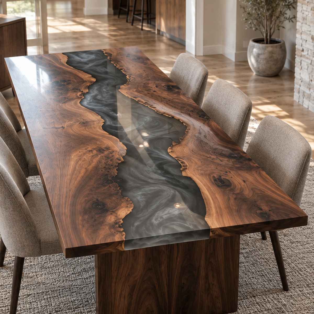 Lengthwise view of a black walnut epoxy resin dining table with a smoky gray river and sunlight reflected across the tabletop.