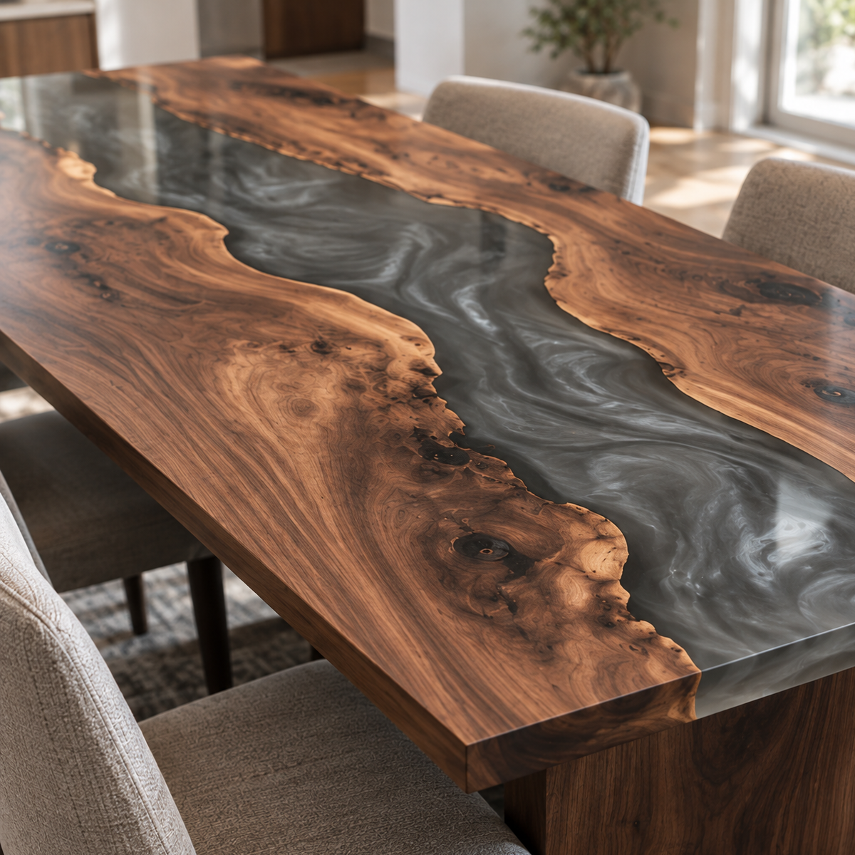 Close-up of black walnut grain, knots and natural inner edges bordering a smoky gray epoxy resin river with silver swirls.