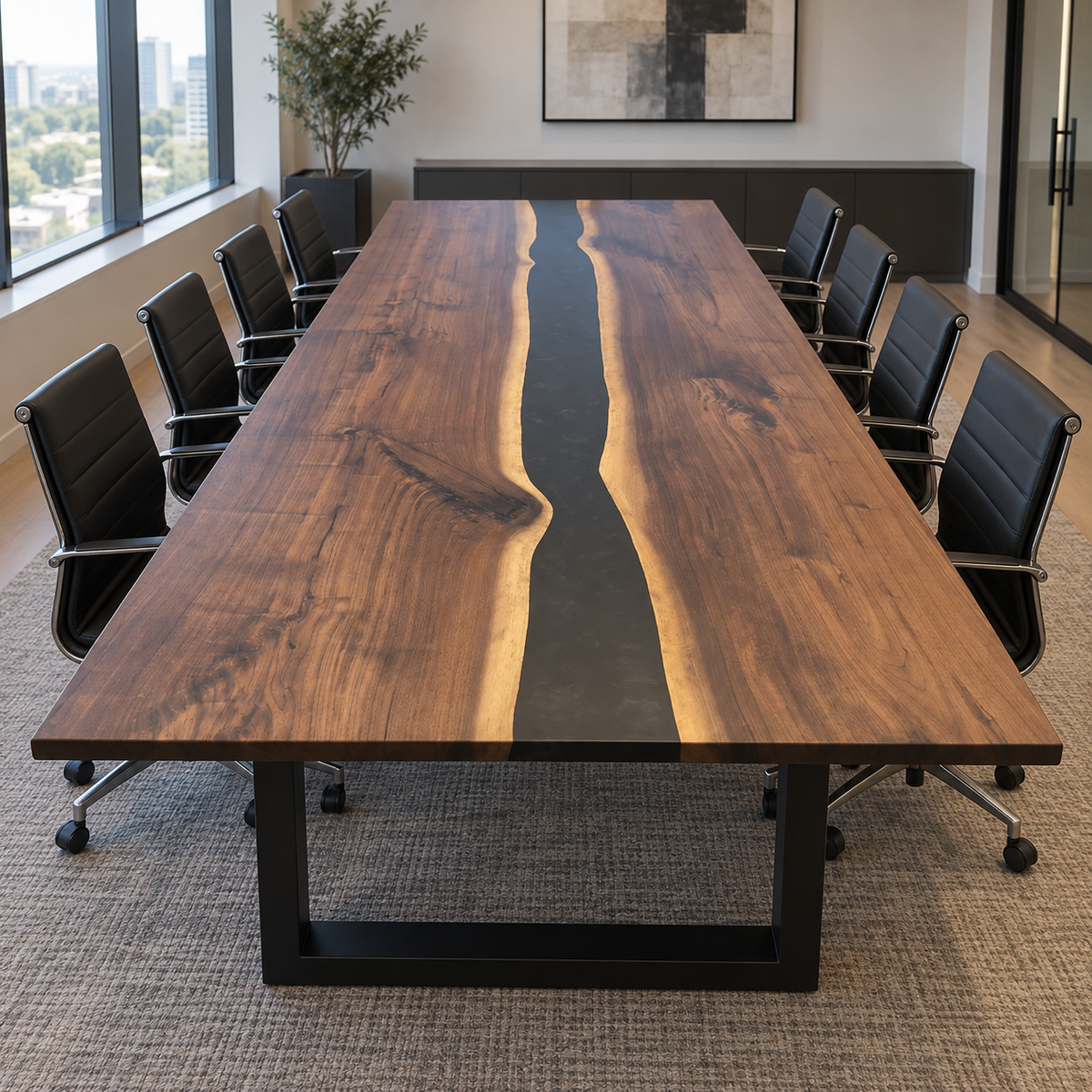 Black walnut epoxy river conference table featuring a matte black resin center and U-shaped metal legs in a modern office meeting room.