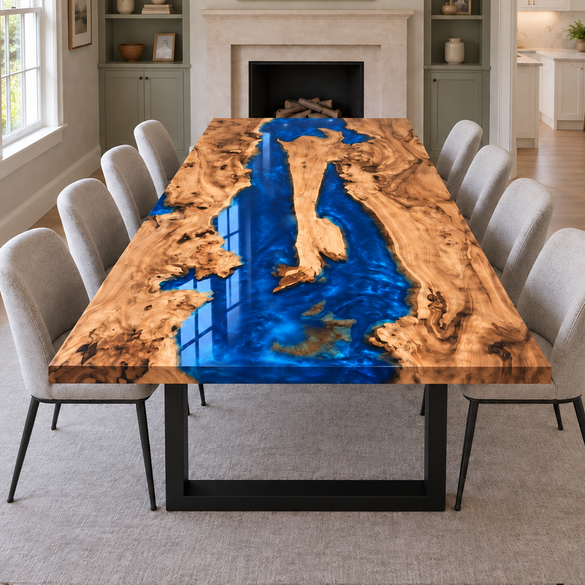 Rectangular olive wood dining table featuring island-like wood details within a broad glossy blue resin channel